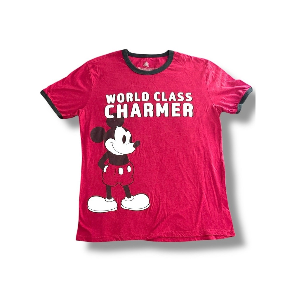 Disney Mickey Mouse T-Shirt Mens L Red World Class Charmer Ringer Graphic Tee